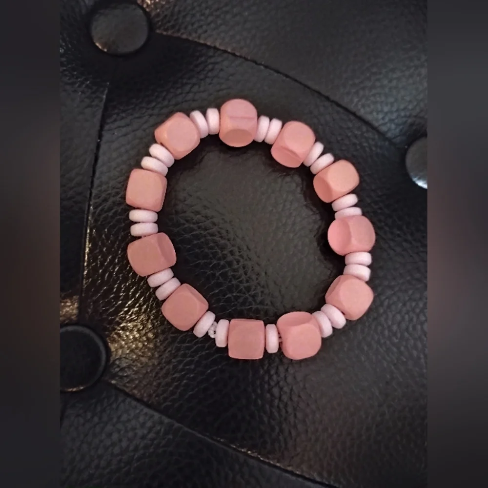 Pink Wooden & Clay Beaded Bracelet Mix Media Stretchy String